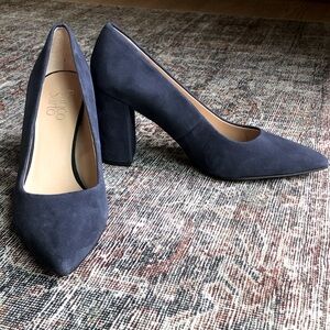 FRANCO SARTO Blue suede pumps Palma leather block heels pointed toes women Sz 8